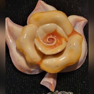 Molded ceramic yellow rose vintage pin brooch 1960s